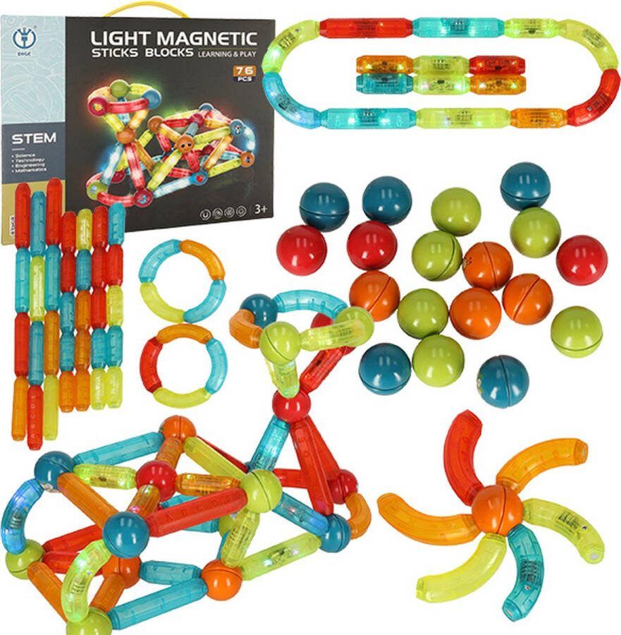 Playos Magnetische Staafjes 76 delig met LED Verlichting Constructiespeelgoed STEM Speelgoed Montessori Speelgoed Magnetische Bouwblokken Constructie Speelgoed Educatief Speelgoed