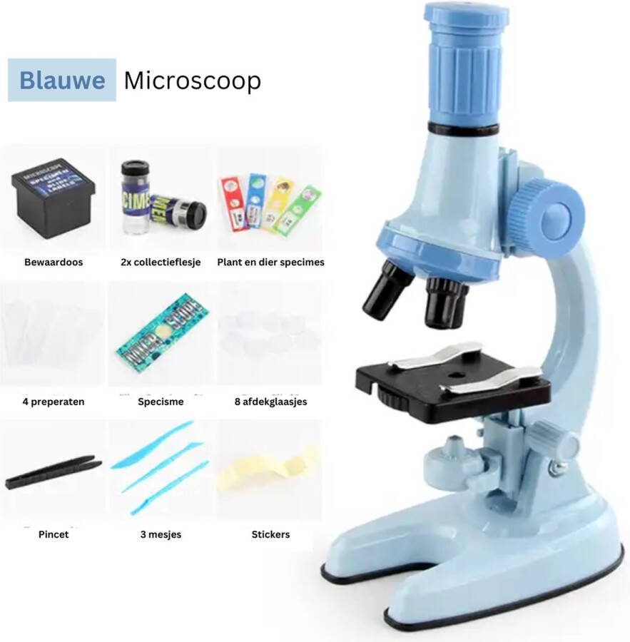 Playos Microscoop voor Kinderen Blauw tot x1200 LED Verlichting 5 Kleurenlens met Accessoires Junior Microscoop STEM Speelgoed Wetenschappelijk Speelgoed Educatief