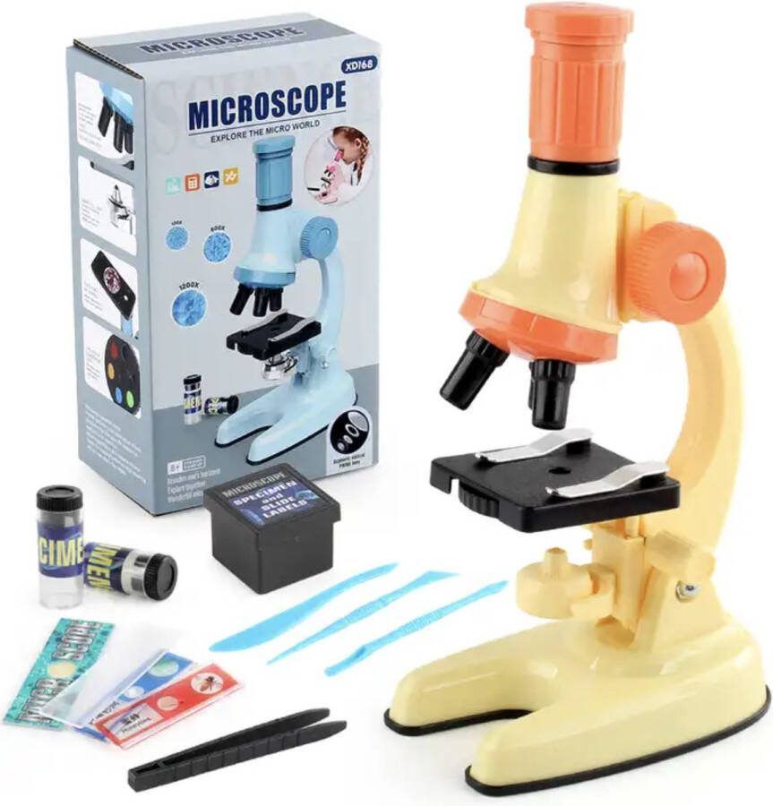 Playos Microscoop voor Kinderen Geel tot x1200 LED Verlichting 5 Kleurenlens met Accessoires Junior Microscoop STEM Speelgoed Wetenschappelijk Speelgoed Educatief