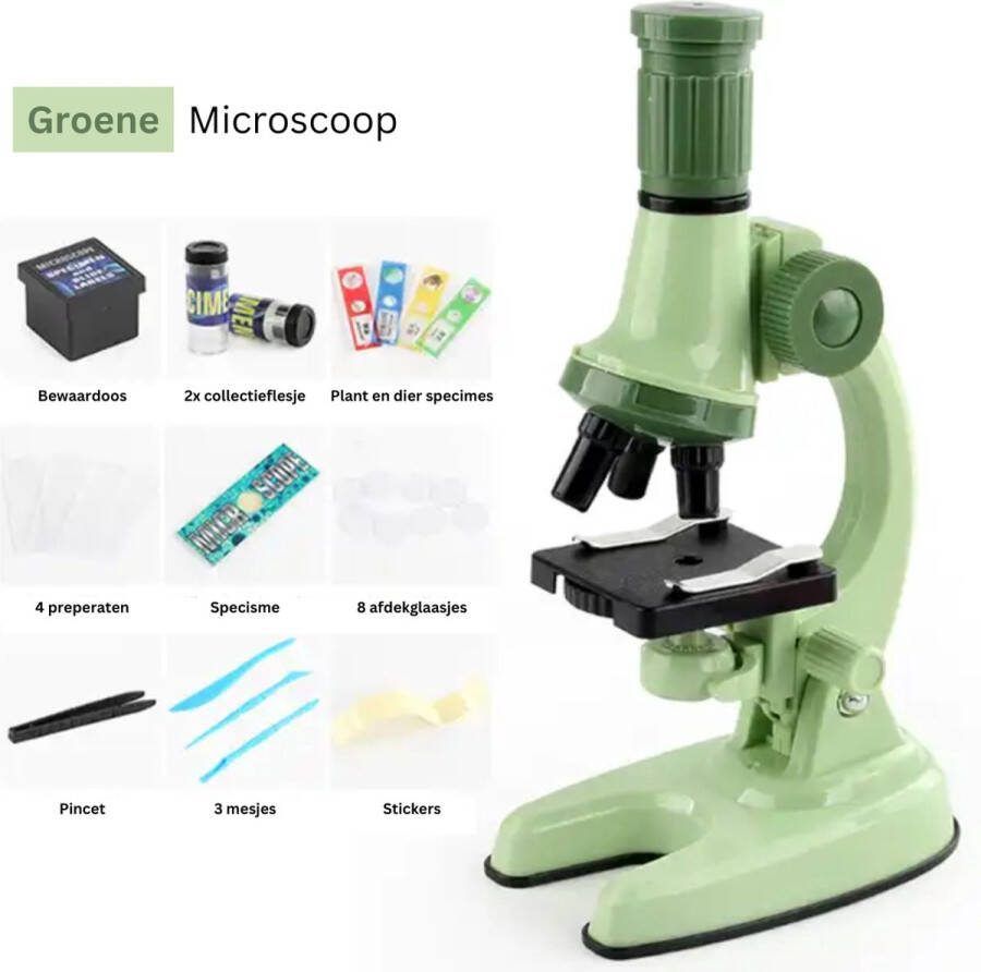 Playos Microscoop voor Kinderen Groen tot x1200 LED Verlichting 5 Kleurenlens met Accessoires Junior Microscoop STEM Speelgoed Wetenschappelijk Speelgoed Educatief