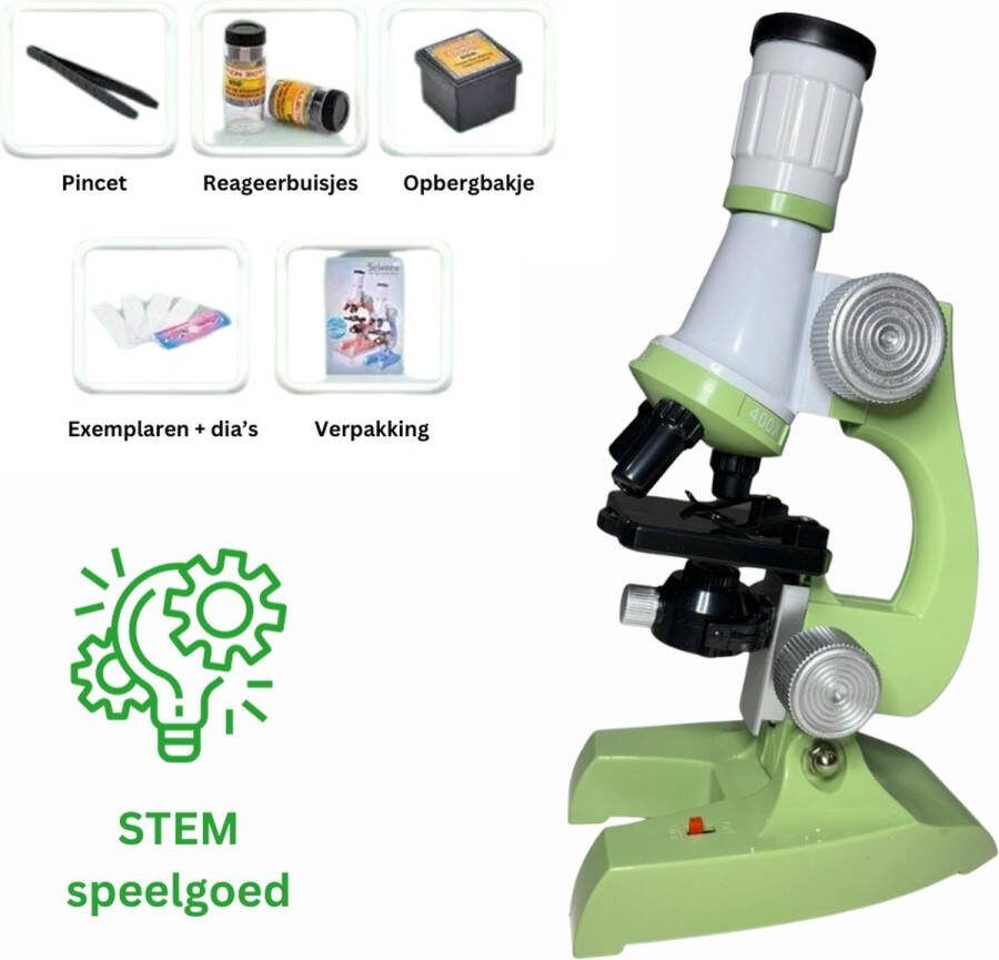 Playos Microscoop voor Kinderen Lichtgroen tot x1200 LED Verlichting met Accessoires Junior Microscoop STEM Speelgoed Wetenschappelijk Speelgoed Educatief