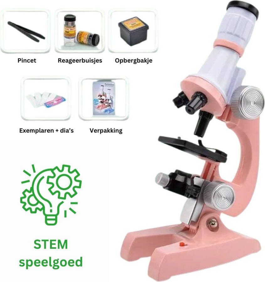 Playos Microscoop voor Kinderen Lichtroze tot x1200 LED Verlichting met Accessoires Junior Microscoop STEM Speelgoed Wetenschappelijk Speelgoed Educatief