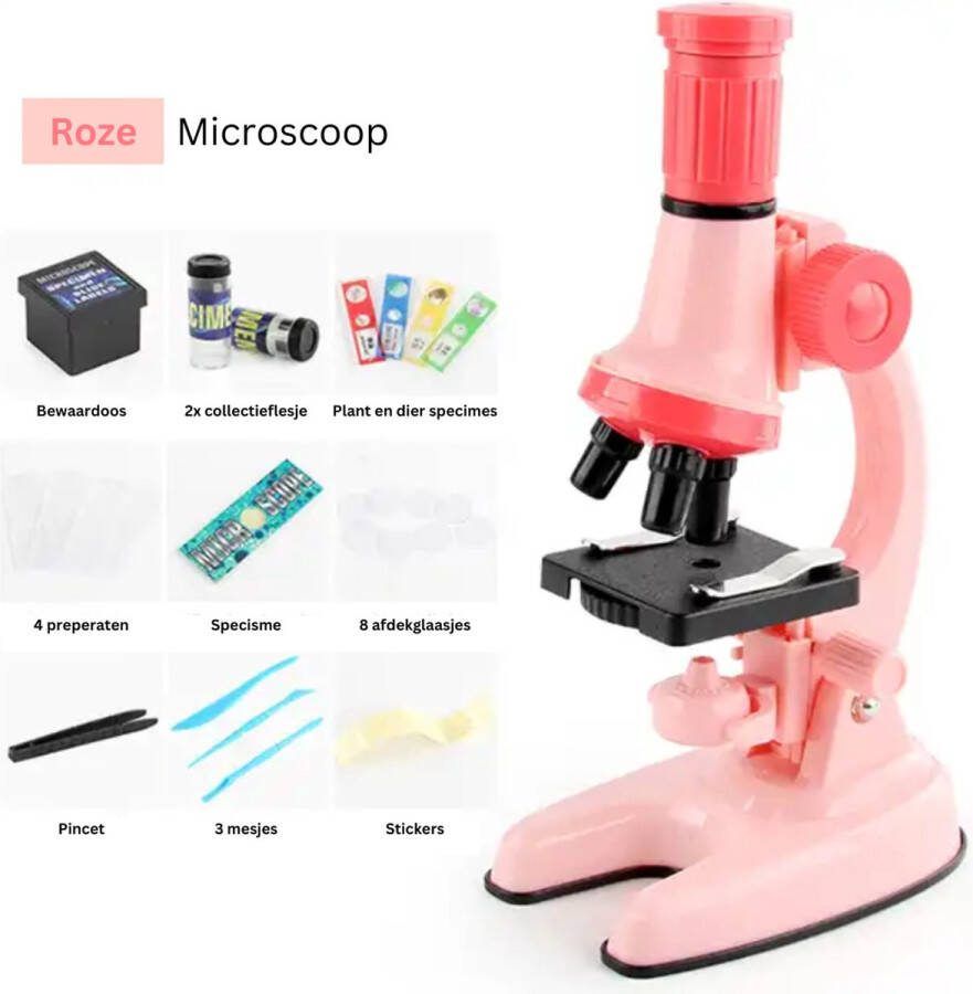 Playos Microscoop voor Kinderen Roze tot x1200 LED Verlichting 5 Kleurenlens met Accessoires Junior Microscoop STEM Speelgoed Wetenschappelijk Speelgoed Educatief