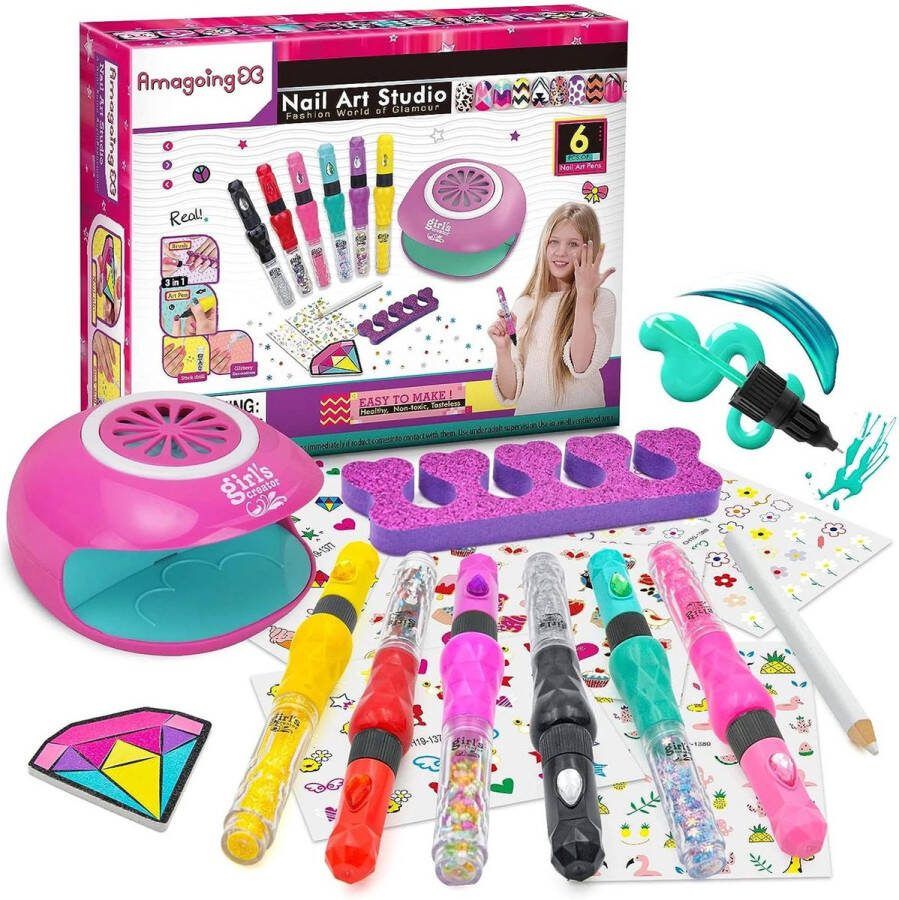 Playos Nagelstudio met Accessoires met Nageldroger Inclusief Stickers Gemakkelijk te Verwijderen Nagellak Nail Polish Nagelsalon Nagels Lakken Speelgoed Nagellak Set