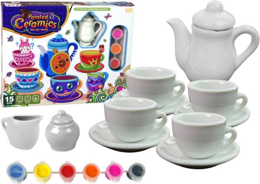 Playos Painting Ceramics 6 Kleuren met Penseel Inclusief Servies Set Porseleinverf Permanent Porselein Verf Creatief Speelgoed Kinderen en Volwassenen Knutselen Rollenspel