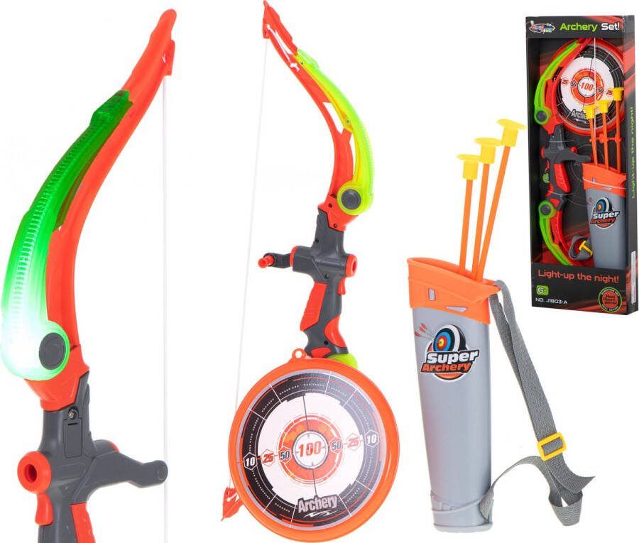 Playos Pijl en Boog Oranje Groen 53 cm met Verlichting Schietschijf 3 Veilige Pijlen Boogschieten Kinderen Speelgoed Buiten Speelgoed Binnen Speelgoed Sinterklaas en Kerst