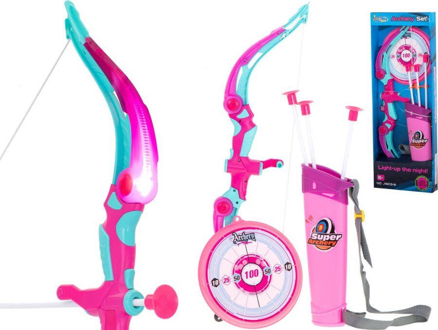 Playos Pijl en Boog Roze 53 cm met Verlichting Schietschijf 3 Veilige Pijlen Boogschieten Kinderen Speelgoed Buiten Speelgoed Binnen Speelgoed Sinterklaas en Kerst