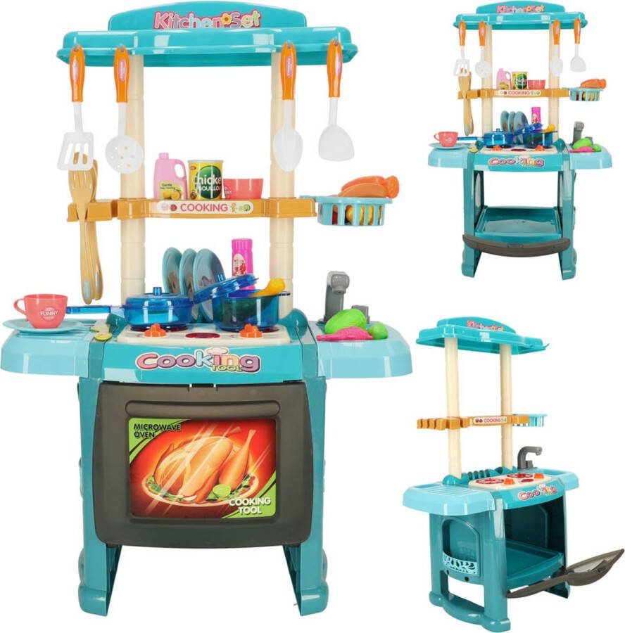 Playos Plastic Speelkeukentje Blauw Inclusief Accessoires 49 x 70 x 30 cm Kinderkeuken Speelgoed Keukentje Rollenspel Speelgoed Educatief Speelkeuken