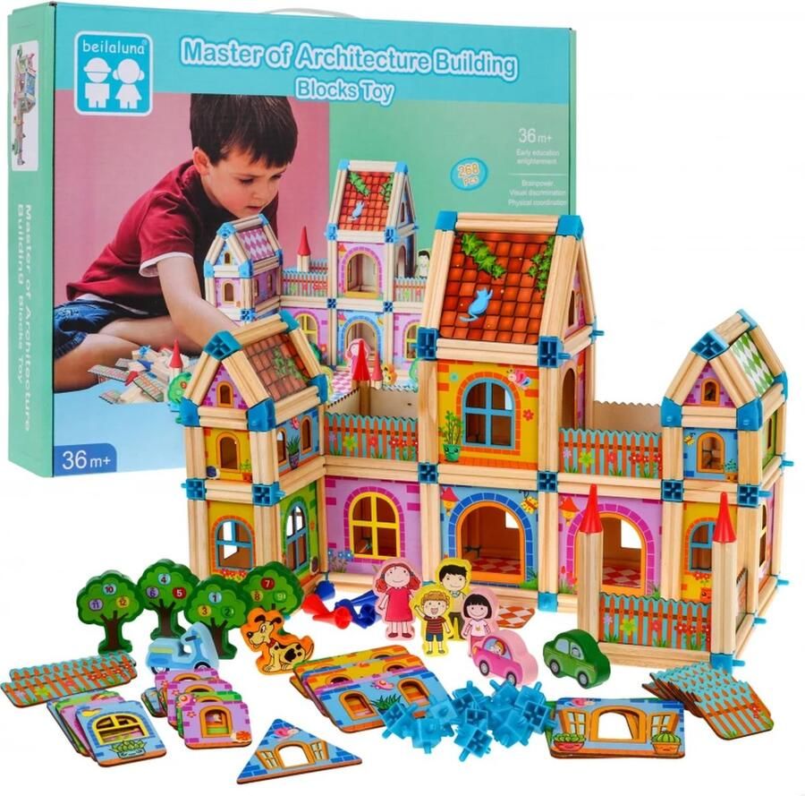 Playos Houten Poppenhuis Bouwblokken 268 Delig 36+ maanden Blokken Prinsessen Mintgroene Doos
