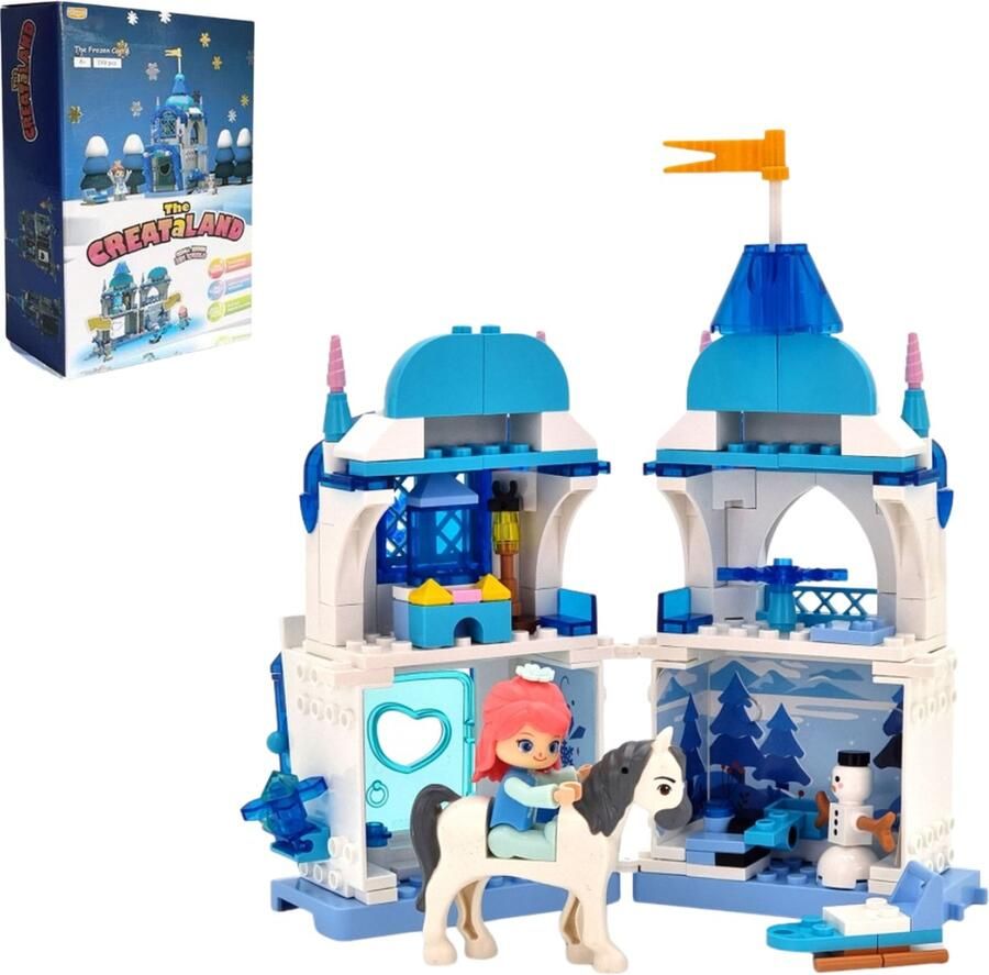 Playos IJskasteel Bouwstenen 199 delig Blauw Inclusief Poppetjes Compatibel met Lego Bouwblokken Mini Blokken Bouwset Bouwpakket Bouwsteentjes