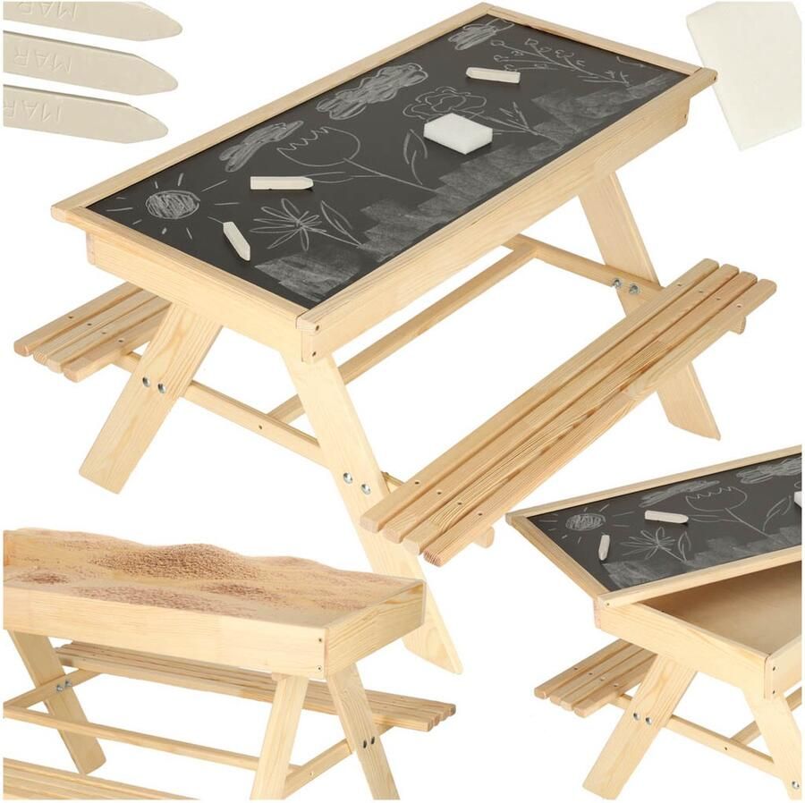 Playos Picknicktafel Zandbak en Krijtbord 93 x 78 x 68 cm Zandtafel Kindertafel Buitenspeelgoed Zandbak Speeltafel