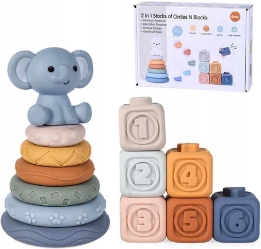 Playos Stapeltoren en Stapelringen Olifant Zachte Bouwblokken Motoriek Badspeelgoed Montessori Speelgoed Educatief Speelgoed Bijtring Baby Speelgoed Kraamcadeau