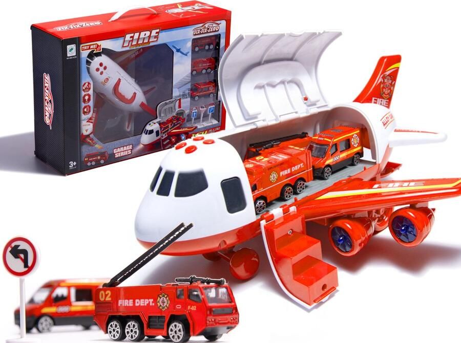 Playos Transporter Vliegtuig Bouwplaats Rood Brandweer XL 1:64 inclusief 3 Voertuigen en Verkeersborden met Licht en Geluid Vliegtuig Speelgoed Rollenspel Speelgoed