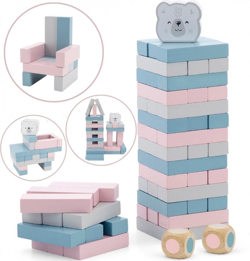 Playos Vallende Toren Pastel met Dobbelstenen 56 Delig Kinderen Stapelblokken Houten Stapeltoren Speelgoed Torenspel Stack the Tower