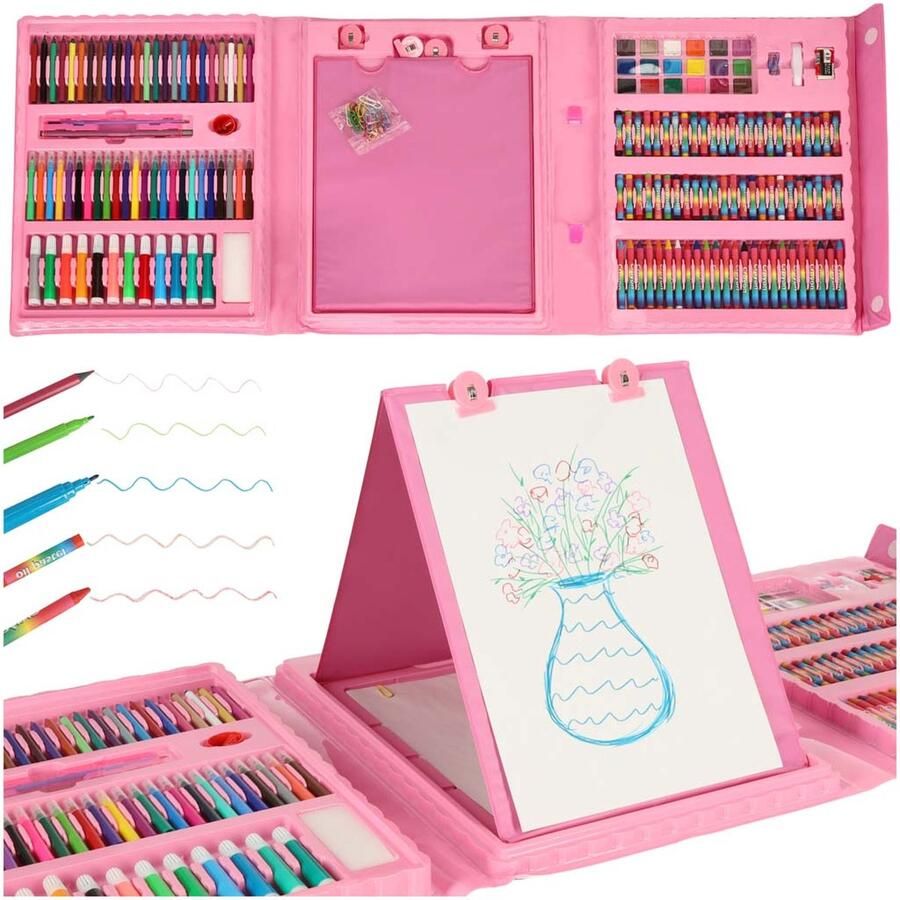 Playos XXL Tekendoos Roze 208 Delig Stiften Oliepastel Waskrijt Potloden Waterverf en meer met Standaard Inclusief Papier Tekendoos Creatief Speelgoed Art Tekenset Tekenkoffer