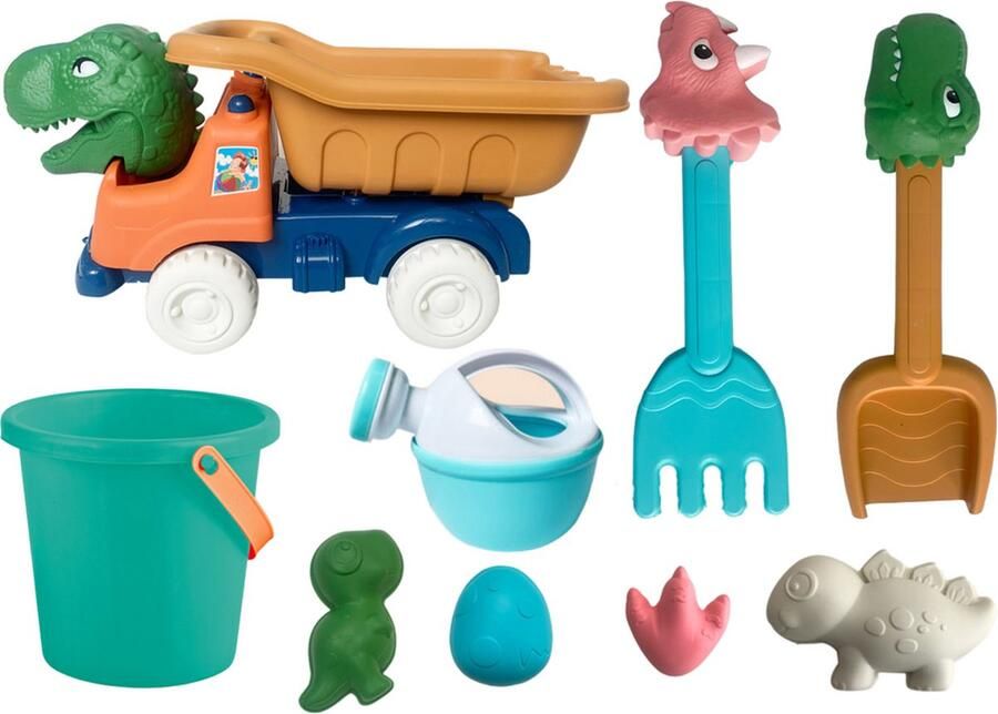 Playos Zandset met Dinosaurus Kiepwagen Strandspeelgoed Vormpjes Emmer Gieter Schep Hark Buitenspeelgoed Dino Truck