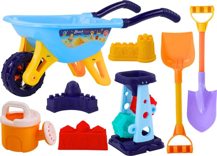 Playos Zandset met Kruiwagen Inclusief Waterrad Strandspeelgoed Vormpjes Gieter Schep Hark Buitenspeelgoed Watermolen Rad Molen