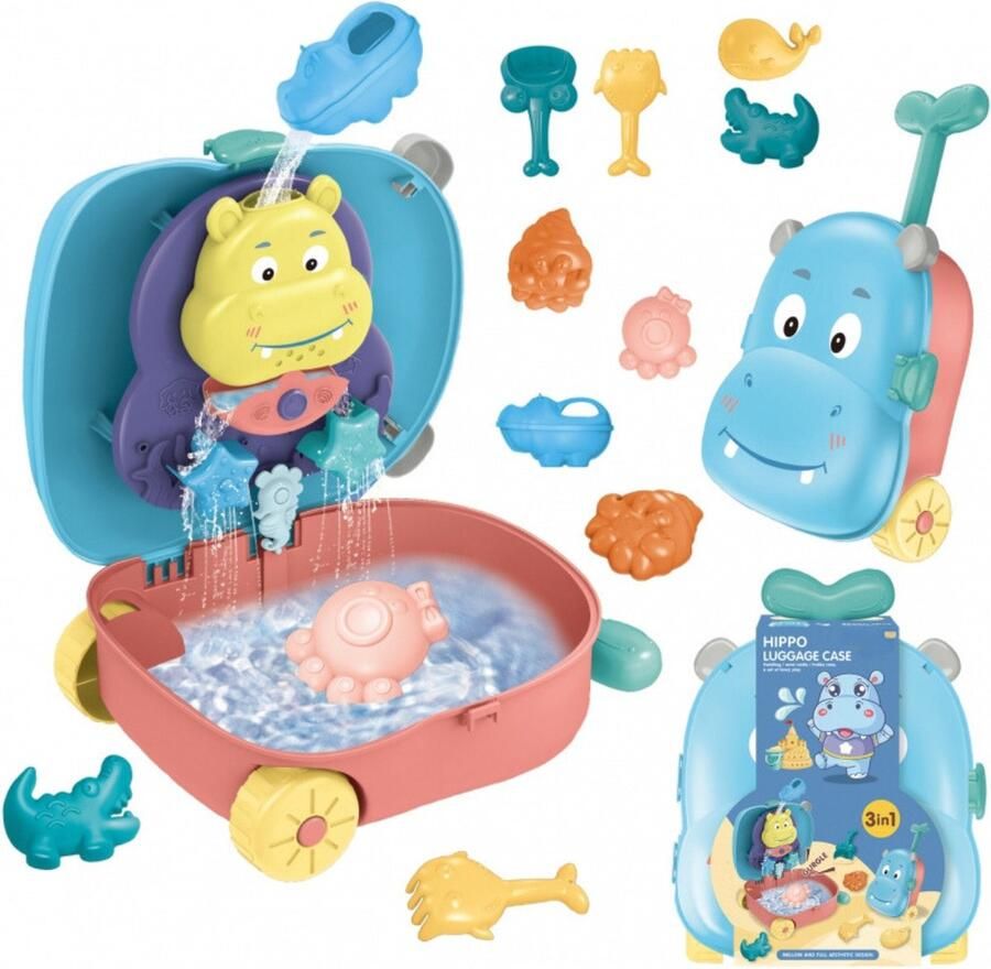 Playos Zandset Nijlpaard Blauw Roze Koffer met Accessoires Waterspeelgoed Strandspeelgoed Zandspeelgoed Buitenspeelgoed Zandspeelset