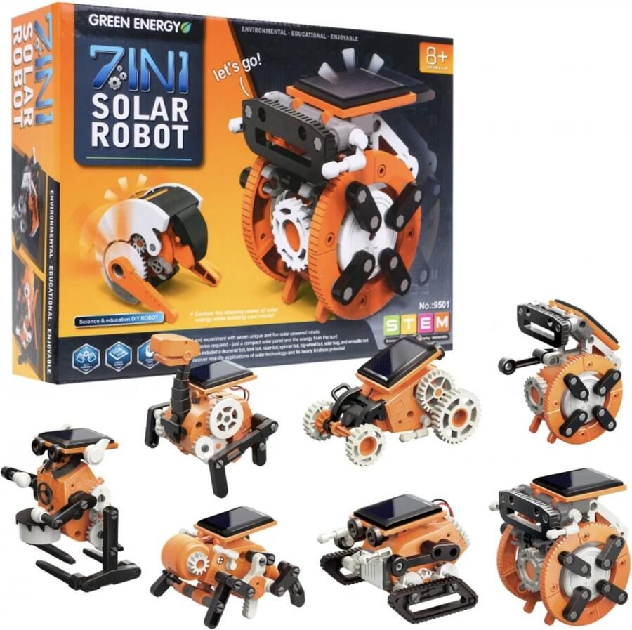 Playos Zonne-energie Robot 7 in 1 Oranje STEM Speelgoed Educatief Technisch Speelgoed Bouwen Constructiespeelgoed Groene Energie Ruimteschip