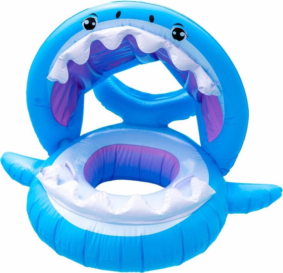 Playos Zwemband Haai met Zitje Zonnescherm Blauw Peuter en Baby Zwemring Babyzwemband Babyfloat Zwemtrainer Opblaasbaar Zwemstoel Opblaasbare Rubberboot Rubber Bootje