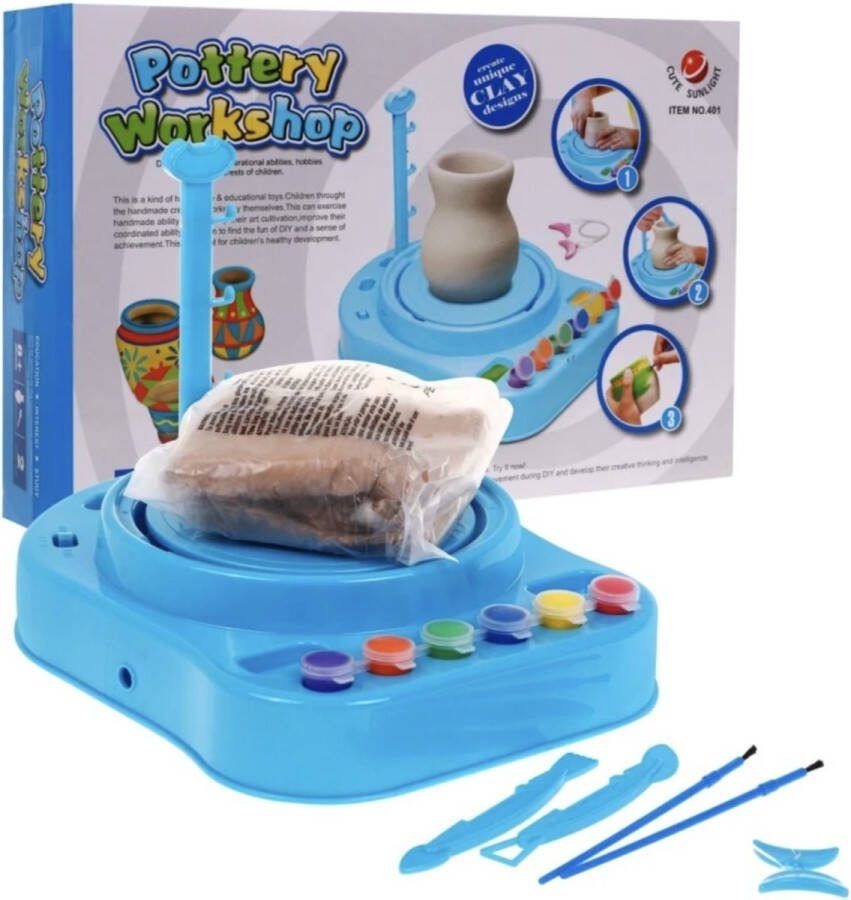 Playos Pottenbakkersset Kinderen- Blauw Inclusief Verf en Boetseerklei Pottenbakkersschijf Pottenbakken Jongens en Meisjes Educatief Speelgoed Motoriek Pottenbak Speelgoed