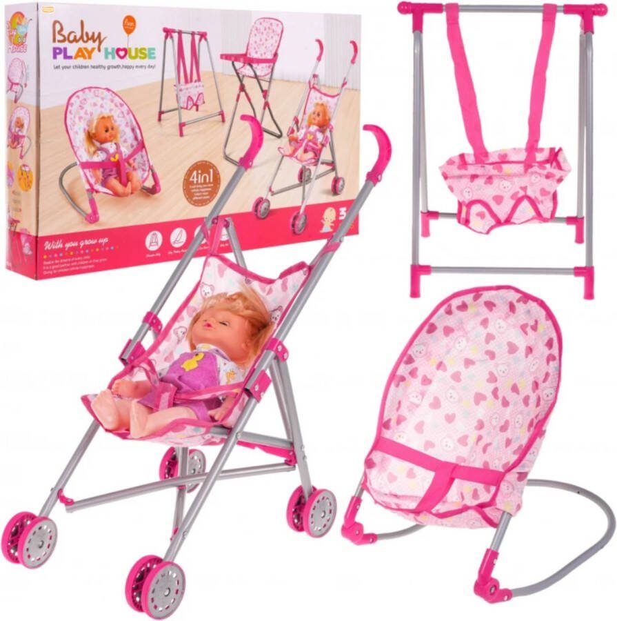 Playos Set voor Poppen 4 in 1 Inclusief Pop Poppenwagen Wippertje Schommel Eetstoel Buggy Rollenspel Speelgoed Pop Speelgoed Kinderwagen