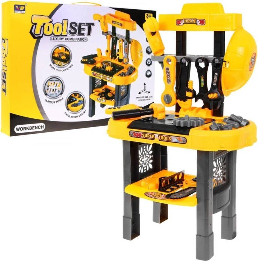 Playos Speelgoedwerkbank Geel Grijs met Helm en Boormachine inclusief Gereedschap Klussen Rollenspel Speelgoed Educatief Speelgoed Gereedschap Werktafel Werkbank -Bouwset