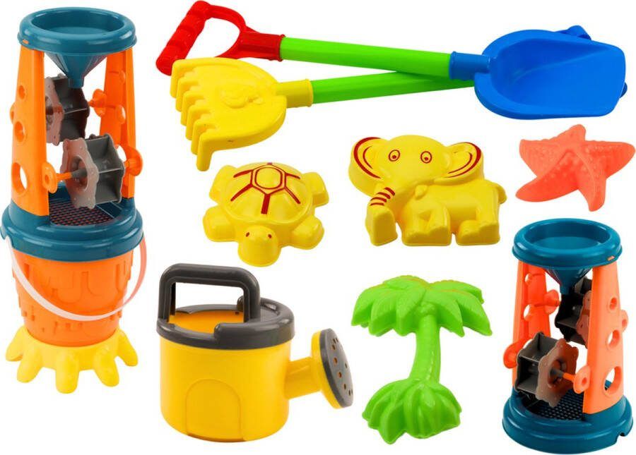 Playos Strandspeelgoed Waterrad 10 delig Strandspeelgoed Vormpjes Gieter Schep Hark Buitenspeelgoed Molen