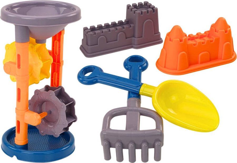 Playos Strandspeelgoed Waterrad met Zandkastelen 5 delig Strandspeelgoed Vormpjes Schep Hark Buitenspeelgoed Molen Zandkasteel