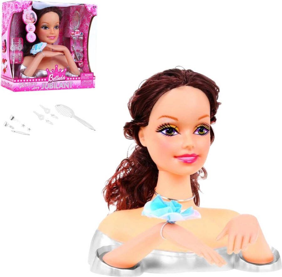 Playos Styling Doll Brunette met Accessoires Stylingshoofd Poppen Kaphoofd Styling Head Speelgoed Rollenspel Opmaakpop