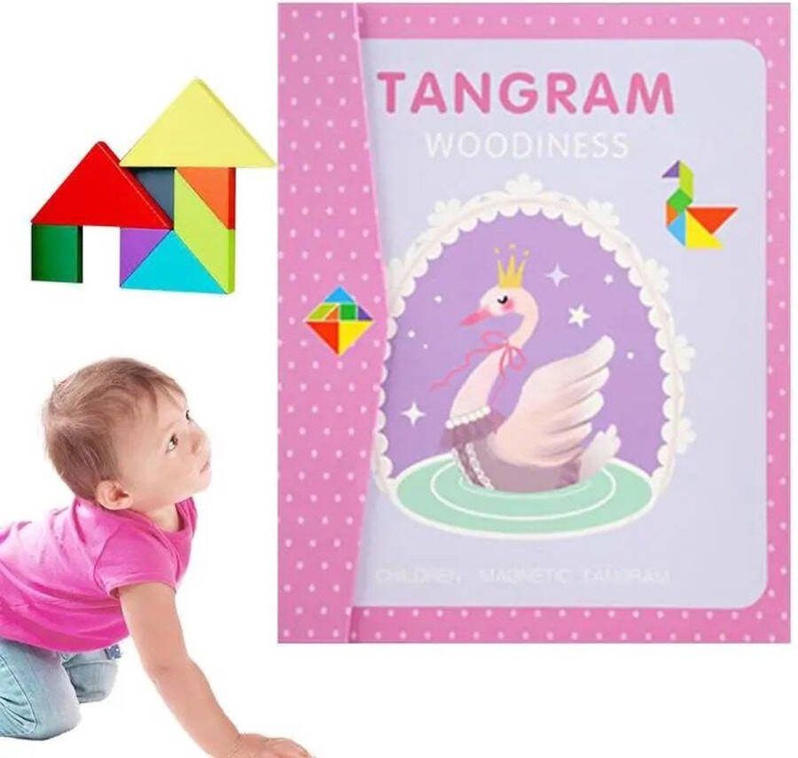 Playos Tangram Puzzel Zwaan Roze 96 Puzzels Magneetboek Houten Puzzel Vormen Puzzel Puzzelboek Reisspel Reis Speelgoed Educatief Speelgoed Ruimtelijk Inzicht Motorisch Speelgoed Puzzelboek Peuters en Kleuters