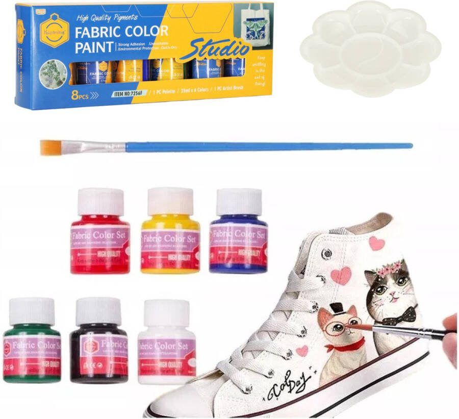 Playos Textielverf 6x 25 ml Inclusief Penseel en Palet Permanent Creatief Speelgoed Kinderen en Volwassenen Knutselen