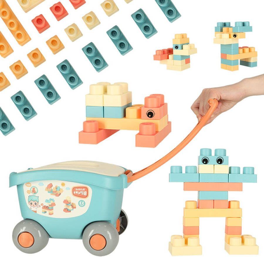 Playos Trekkar met Bouwblokken met Deksel 32 delig Pastel Blokken Constructiespeelgoed Bouwstenen Educatief Speelgoed
