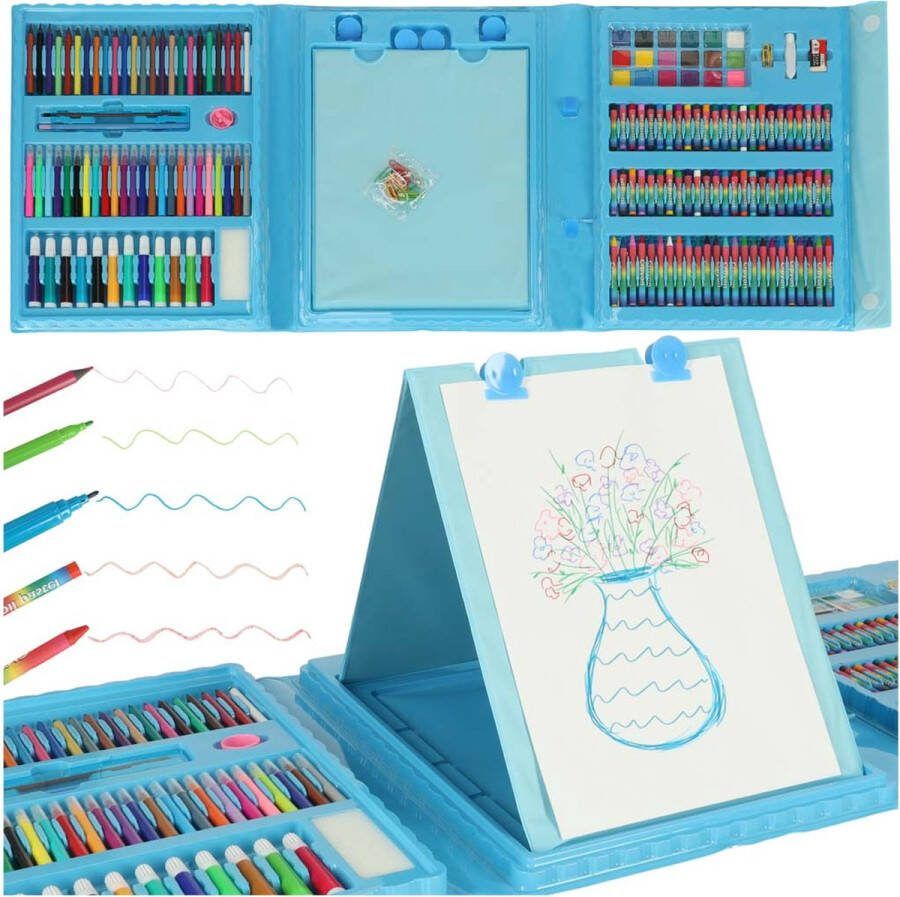 Playos XXL Tekendoos Blauw 208 Delig Stiften Oliepastel Waskrijt Potloden Waterverf en meer met Standaard Inclusief Papier Tekendoos Creatief Speelgoed Art Tekenset Tekenkoffer