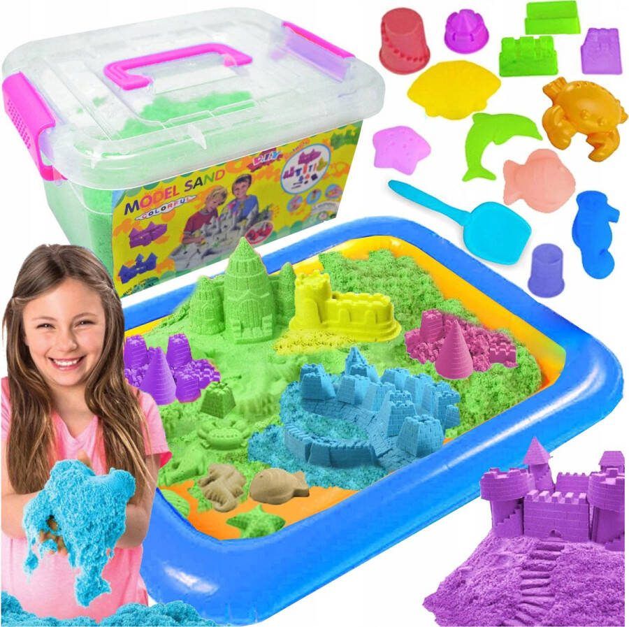 Playos Zand 3 kg Magisch Zand Met Opblaas Zandbak Inclusief vormpjes Willekeurige kleur -Speelzand Sensorisch Speelgoed Montessori Speelgoed Ontwikkelingsspeelgoed Jongens en Meisjes