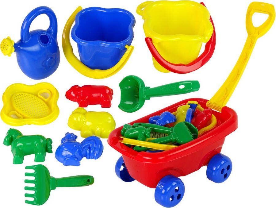 Playos Zandset 10 delig met Trekkar Strandspeelgoed Vormpjes Emmer Gieter Schep Hark Buitenspeelgoed