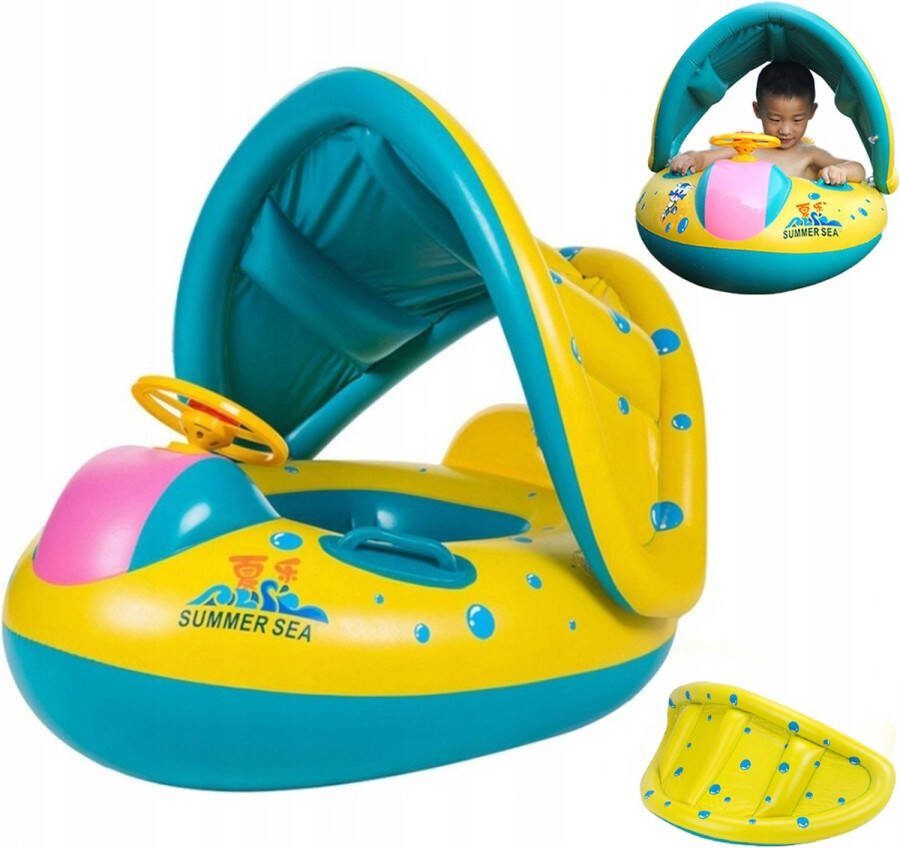 Playos Zwemband Bootje Stuur en Claxon met Zonnescherm met Zitje Handvatten Rugleuning Geel Blauw Peuter en Baby Zwemring Babyzwemband Babyfloat Zwemtrainer Opblaasbaar Zwemstoel Opblaasbare Rubberboot Rubber Bootje