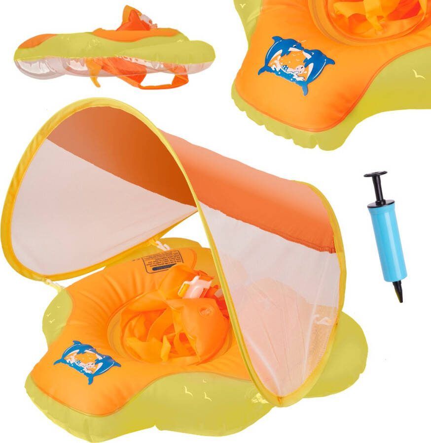 Playos Zwemband met Zonnescherm met Zitje Geel Peuter en Baby Zwemring Babyzwemband Babyfloat Zwemtrainer Opblaasbaar Zwemstoel Opblaasbare Rubberboot Rubber Bootje
