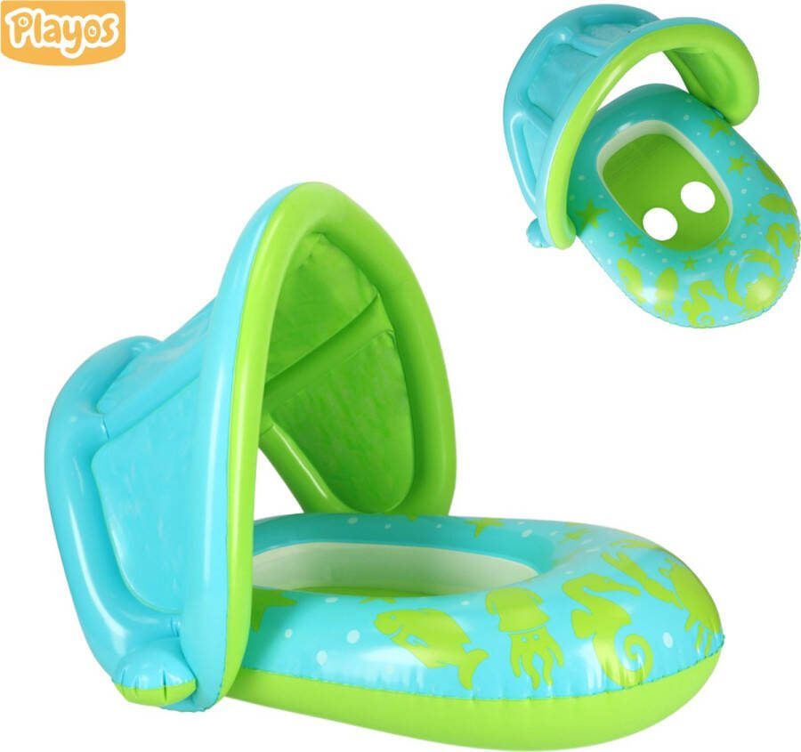 Playos Zwemband met Zonnescherm met Zitje Groen Blauw tot 18 kg Peuter en Baby Zwemring Babyzwemband Babyfloat Zwemtrainer Opblaasbaar Zwemstoel Opblaasbare Rubberboot Rubber Bootje