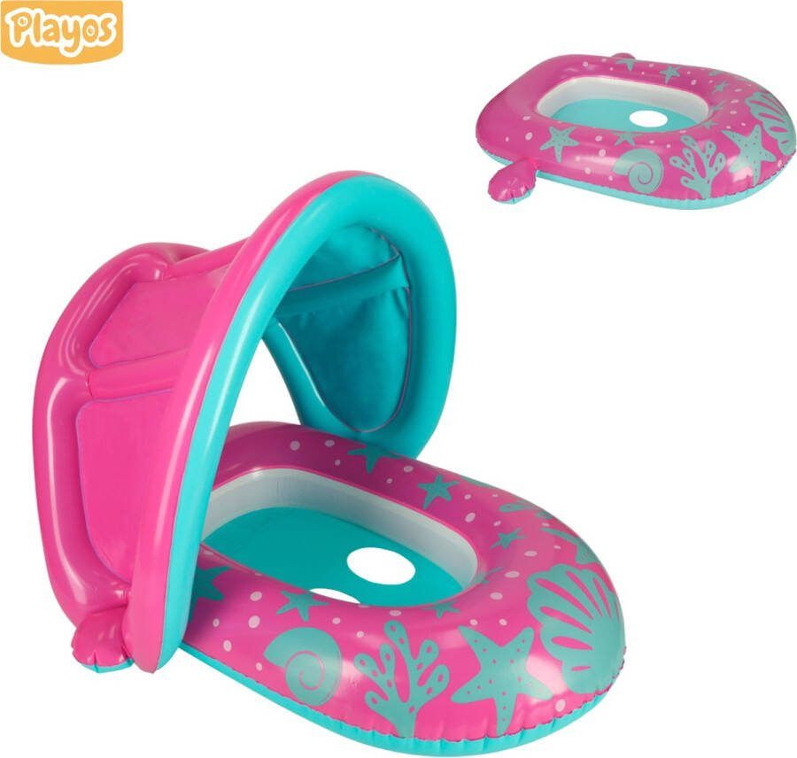 Playos Zwemband met Zonnescherm met Zitje Roze tot 18 kg Peuter en Baby Zwemring Babyzwemband Babyfloat Zwemtrainer Opblaasbaar Zwemstoel Opblaasbare Rubberboot Rubber Bootje