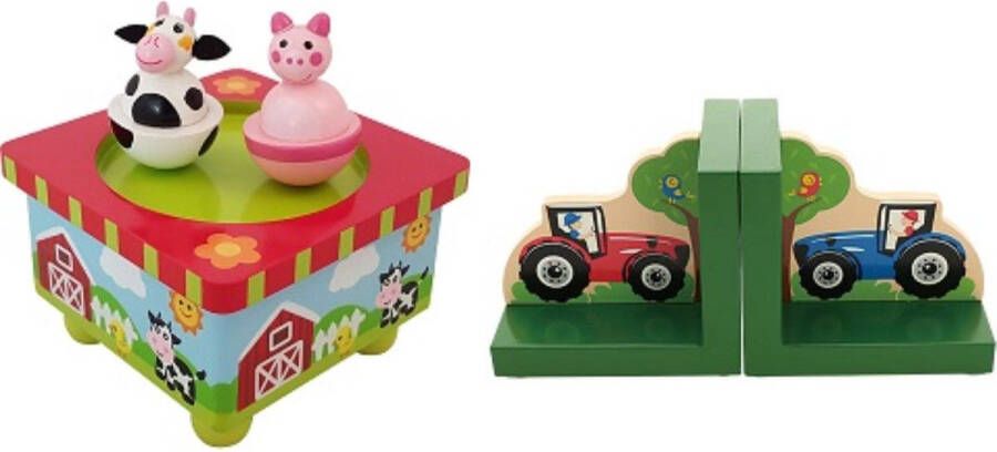 Playwood Houten muziekdoos dansende boerderijdieren en een boekensteun tractor U krijgt 2 artikelen geleverd voor de prijs van 1