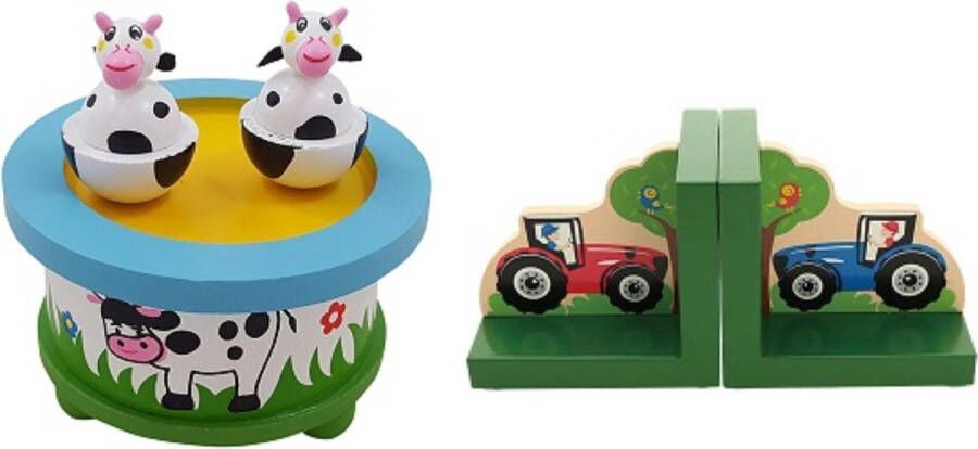 Playwood Houten muziekdoos dansende Koeien en een boekensteun tractor U krijgt 2 artikelen geleverd voor de prijs van 1