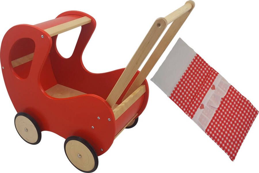 Playwood Houten Poppenwagen rood klassiek met kap inclusief dekje rode ruitjes