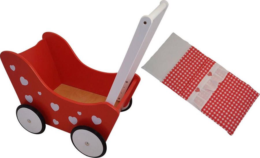 Playwood Houten Poppenwagen rood met witte hartjes inclusief dekje rode ruitjes