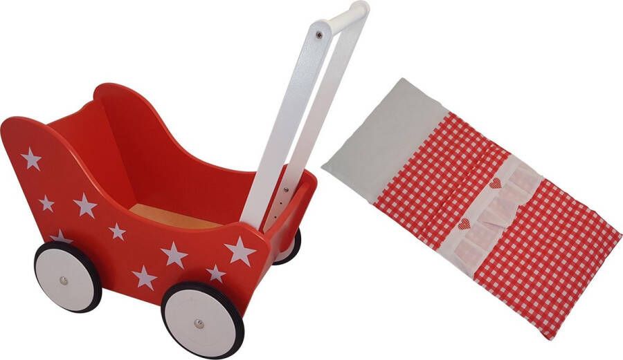 Playwood Houten Poppenwagen rood met witte sterren inclusief dekje rode ruitjes