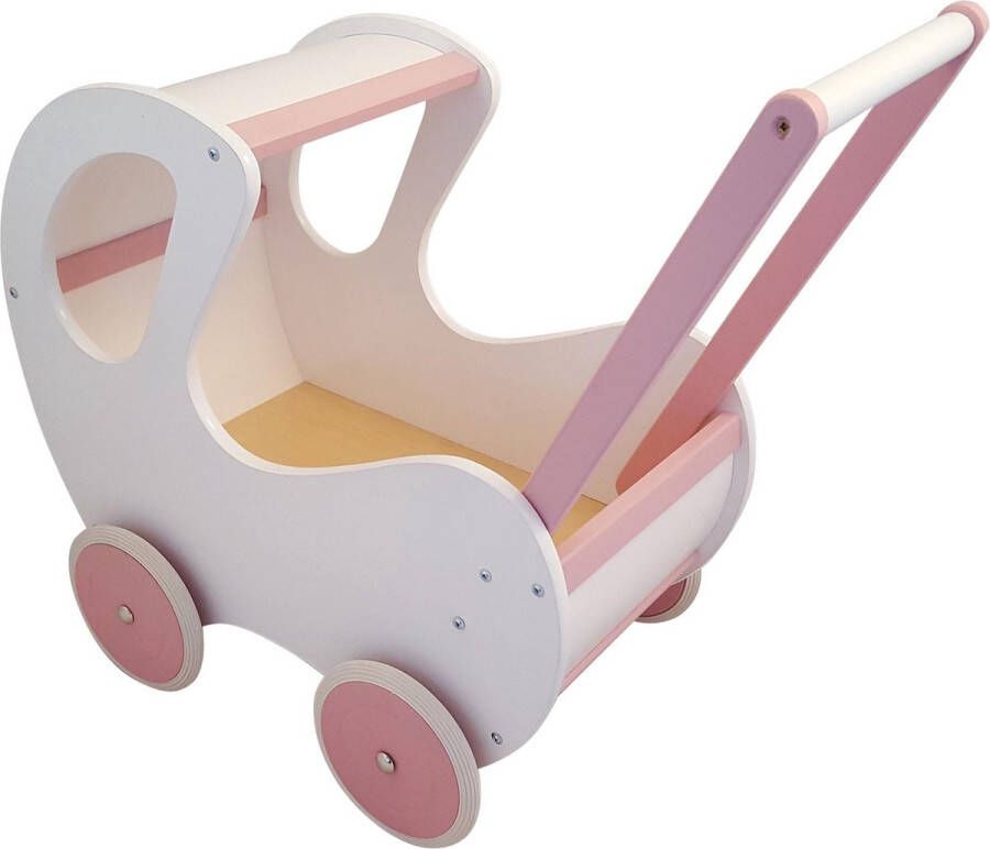 Playwood Houten Poppenwagen wit roze klassiek met kap