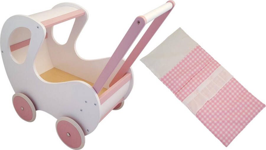 Playwood Houten Poppenwagen wit roze klassiek met kap inclusief dekje roze ruitjes