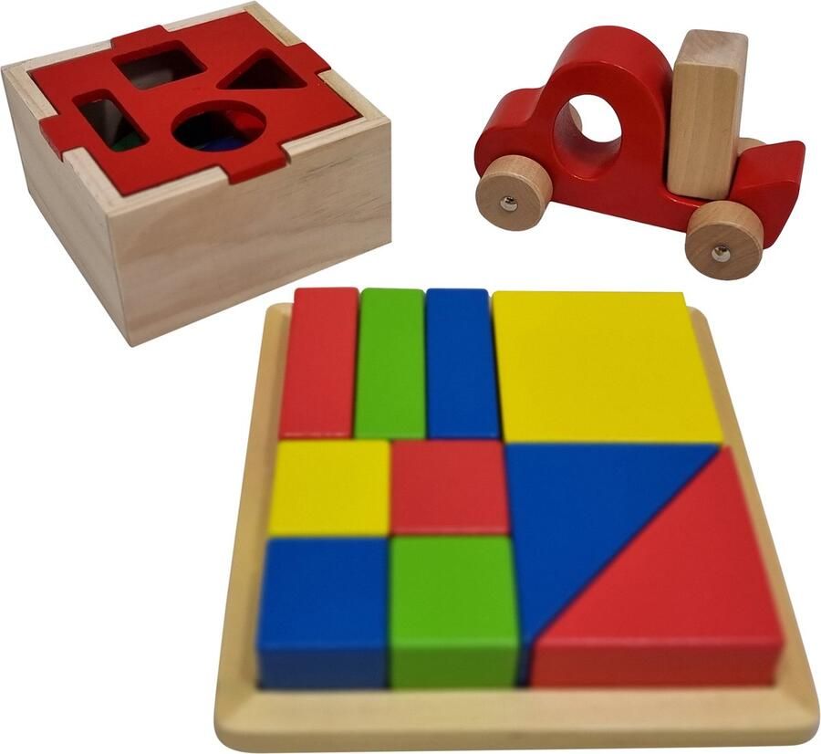 Playwood Houten speelgoedset blokken grijpauto vormenstoof blokkenstoof 3 stuks speelgoed voor de prijs van 1