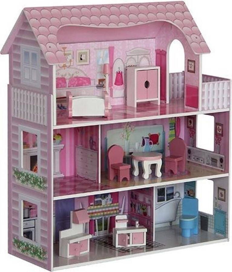 Playwood Poppenhuis roze dak groot; inclusief meubels