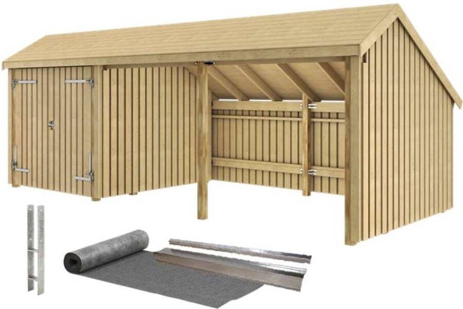 Plus Danmark Multi tuinhuis dubbele deur open 10 5 m2 onbehandeld compleet 248 x 635 x 250 cm Type C